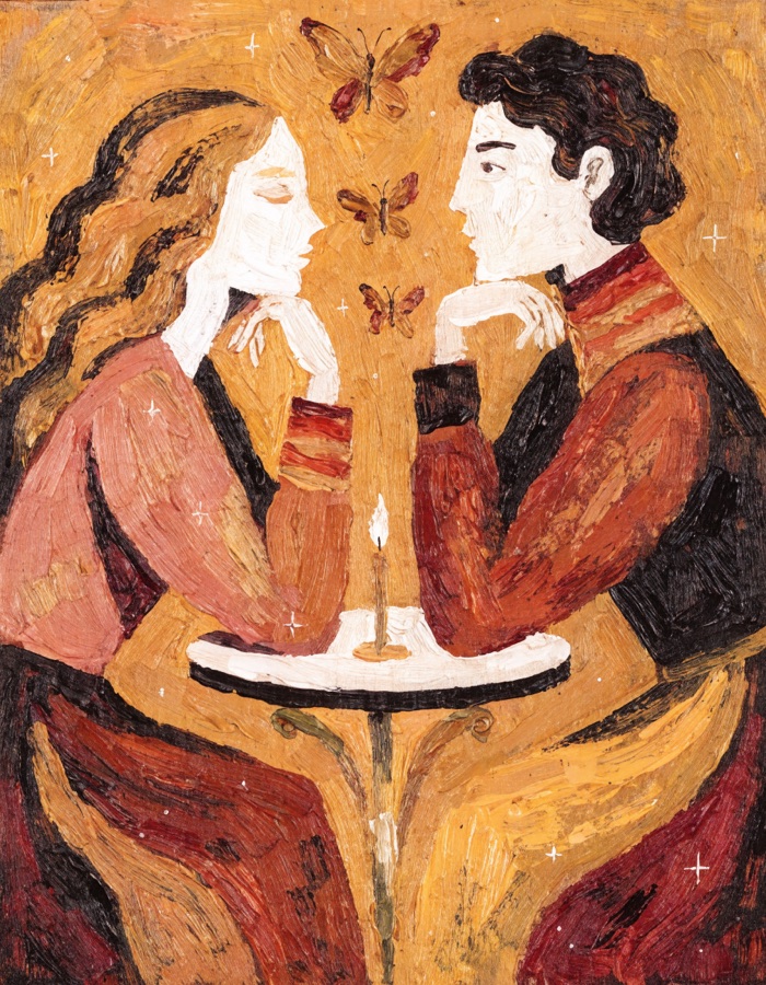 A couple captivated in conversation