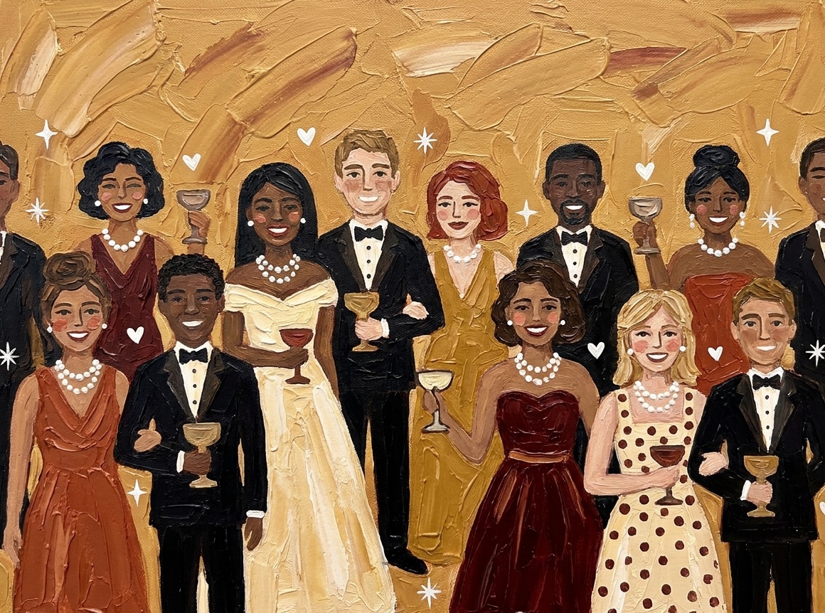 Oil painting of soirée guests raising a glass in a farewell toast